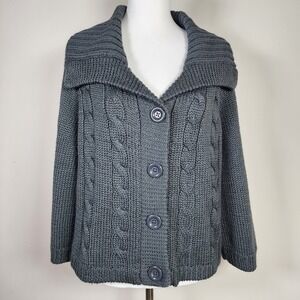 Cleo Wool Blend Cardigan Womens Large‎ Cable Knit Grandpa Sweater Fisherman Cosy